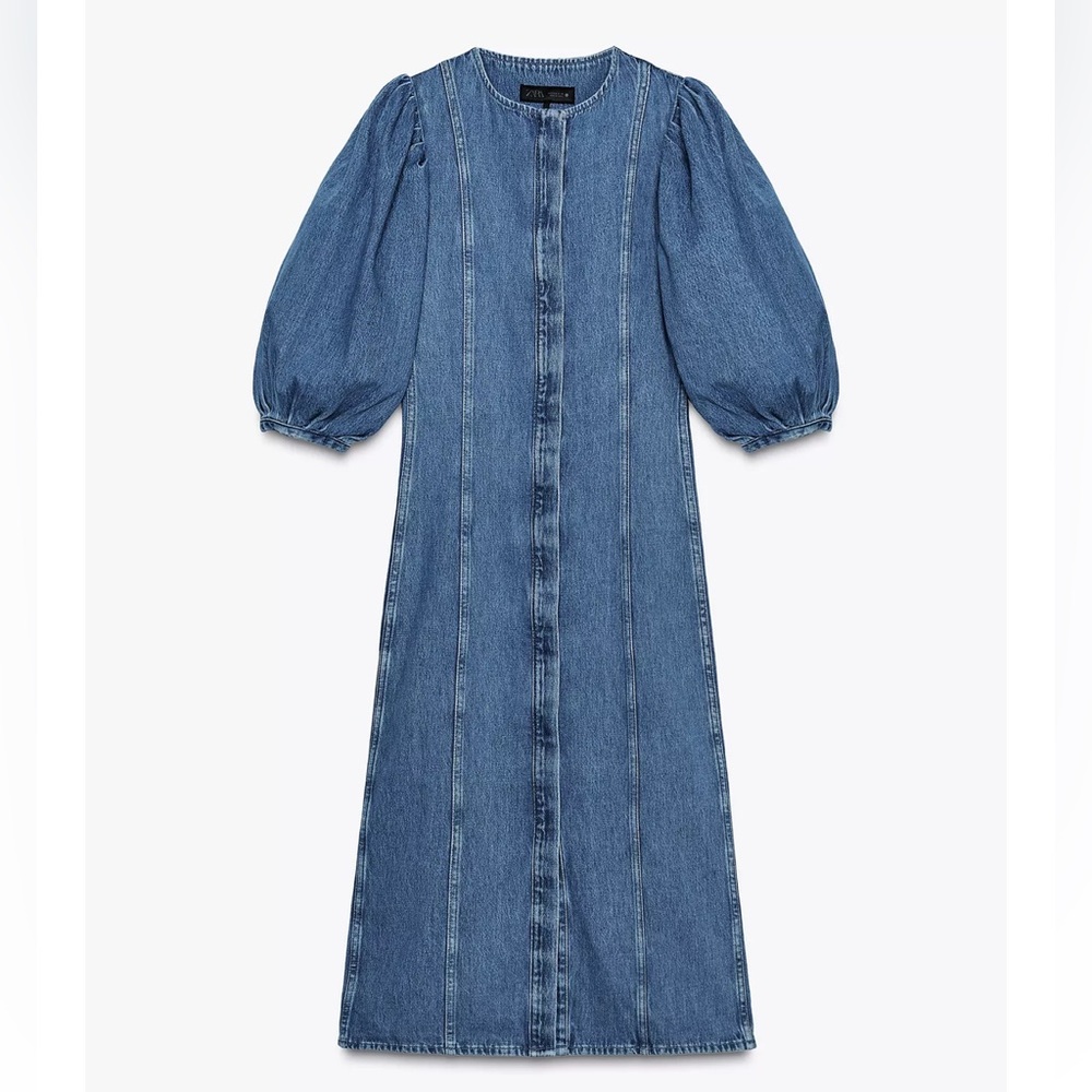 NWT Zara Blue Denim Midi Dress with Balloon Sleeves - Picture 9 of 12